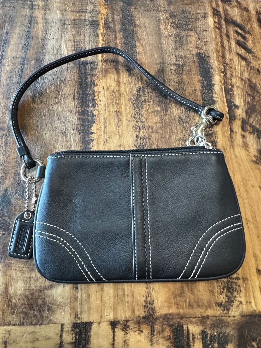 Coach Black Leather Wristlet with White Contrast Stitching